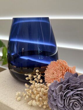 VTG Blue Teardrop FTD Silver Etched Band MCM Vase